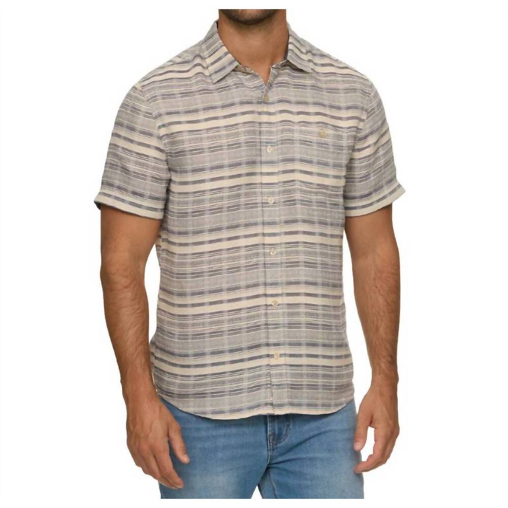 NEW FLAGS & ANTHEM rockledge short sleeve stripe shirt in navy/cream